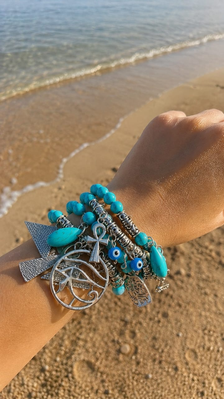Handmade Bracelet with Firozi Beads and Nickel Chrome Charms