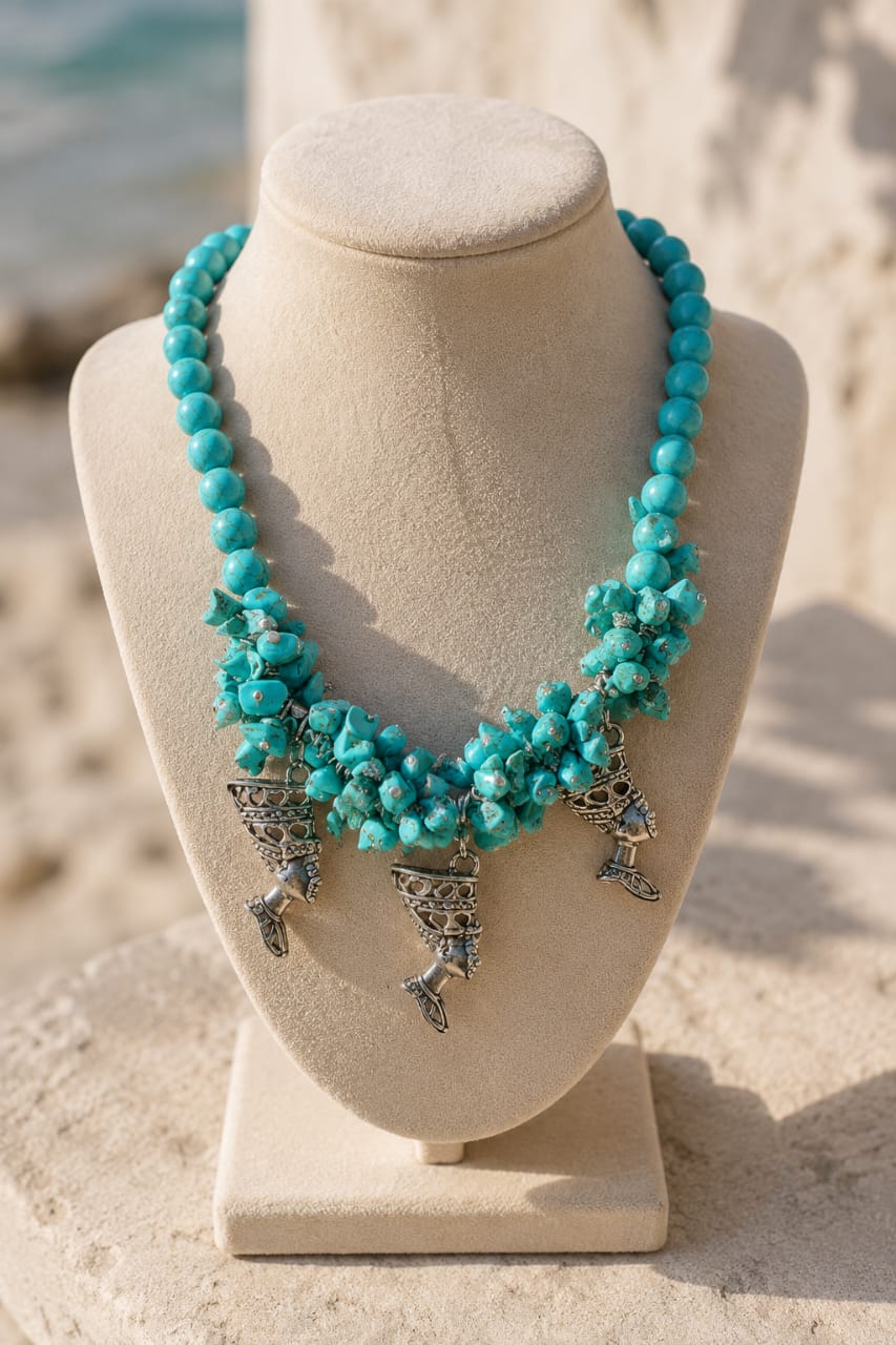 Handmade Necklace with Firozi Beads and Natural Firozi Stones