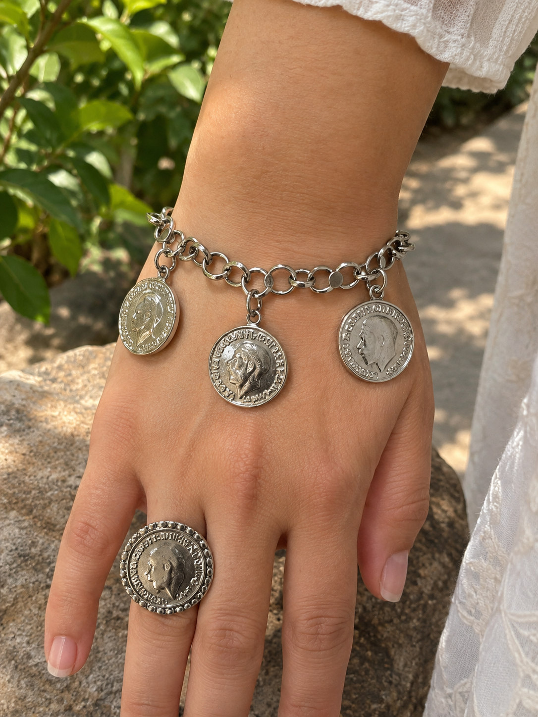 Rhodium-plated brass fairy bracelet and ring.